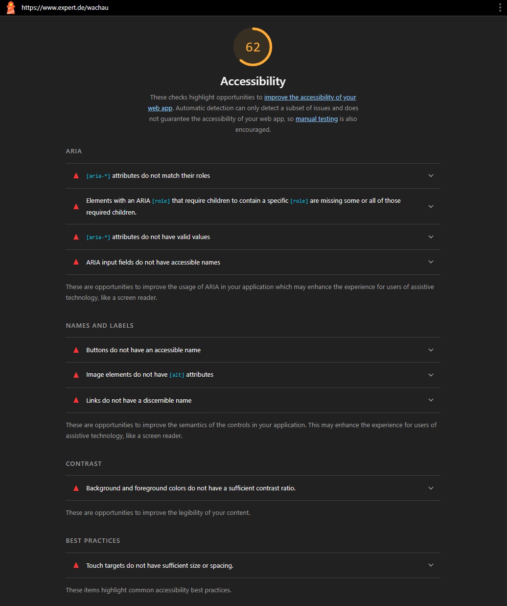 Fehlgeschlagener Accessibility-Audit Screenshot 2 - Konformitätsprobleme